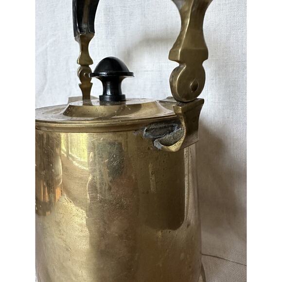 Vintage Brass Tea Pot Kettle Wood Handle Lid Attached, Flaw With The Handle - Picture 15 of 16